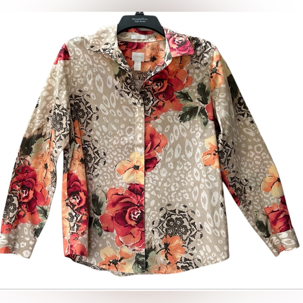 Chicos Floral No Iron Easy Care Long Sleeve Blouse Top Autumn Size M 8 - Picture 1 of 13